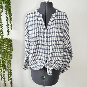 Lou & Grey LOFT Houndstooth Print Tie Front Cotton Shirt Women's Size Small S